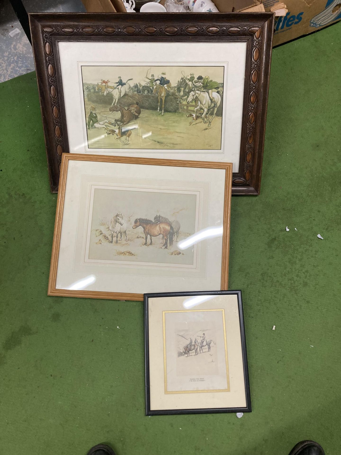 THREE FRAMED HORSE RELATED PRINTS, COMICAL HORSE JUMPING SCENE ETC