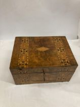 A VINTAGE WALNUT WRITING SLOPE WITH INLAID MARQUETRY AND KEY