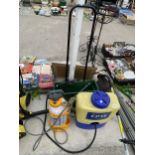 AN ASSORTMENT OF ITEMS TO INCLUDE AN ELECTRIC STRIMMER, A NAPSACK SPRAYER AND A GARDEN SEEDER ETC