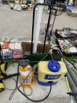 AN ASSORTMENT OF ITEMS TO INCLUDE AN ELECTRIC STRIMMER, A NAPSACK SPRAYER AND A GARDEN SEEDER ETC