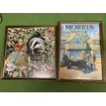 TWO FRAMED PICTURES - MORRRIS MINOR AND BADGER EMBROIDERY