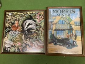 TWO FRAMED PICTURES - MORRRIS MINOR AND BADGER EMBROIDERY