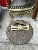 TWO BRASS FIRE GRATES AND A COPPER CHARGER