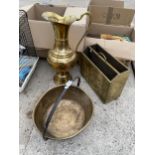 THREE BRASS ITEMS TO INCLUDE A LARGE JUG AND A JAM PAN ETC