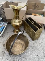 THREE BRASS ITEMS TO INCLUDE A LARGE JUG AND A JAM PAN ETC