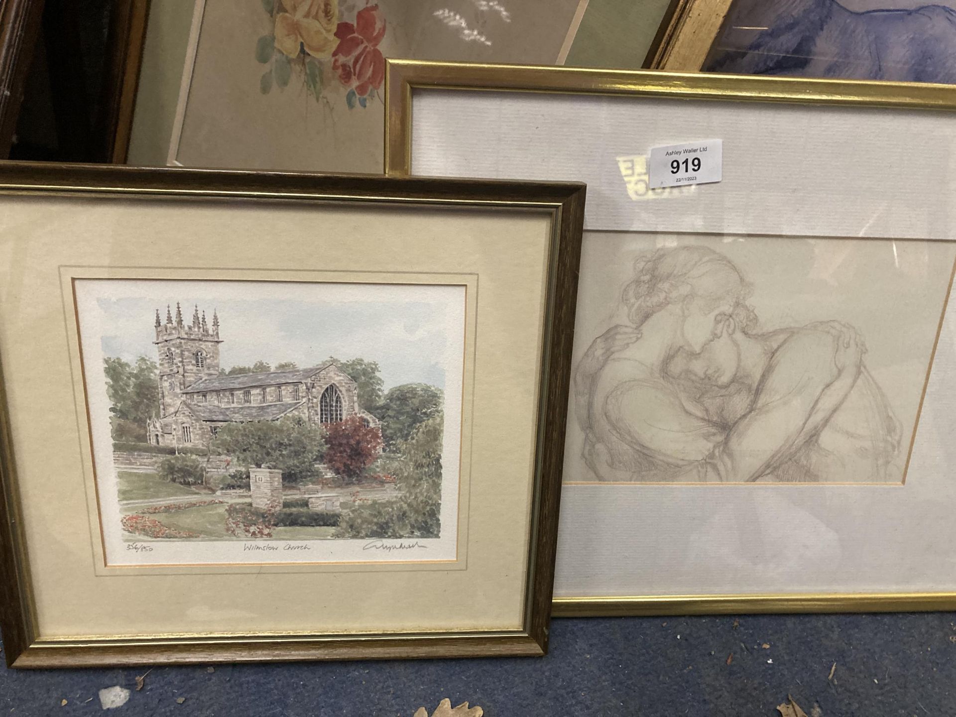 A WATERCOLOUR OF ROSES, A NUDE PRINT, A LIMITED EDITION 356/850 'WILMSLOW CHURCH', SIGNED, ETC - Image 2 of 3