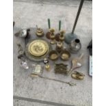 A LARGE QUANTITY OF METAL WARE ITEMS TO INCLUDE BELOWS, A MIDDLE EASTERN BRASS JUG AND VASES ETC