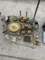 A LARGE QUANTITY OF METAL WARE ITEMS TO INCLUDE BELOWS, A MIDDLE EASTERN BRASS JUG AND VASES ETC