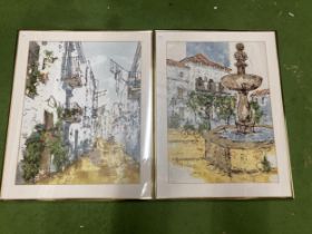 TWO FRAMED PEN AND INK WATERCOLOUR STREET SCENES, INDISTINCTLY SIGNED