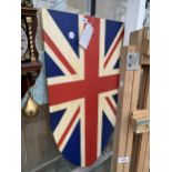 A WOODEN HAND PAINTED UNION JACK PLAQUE (90CM X 50CM)