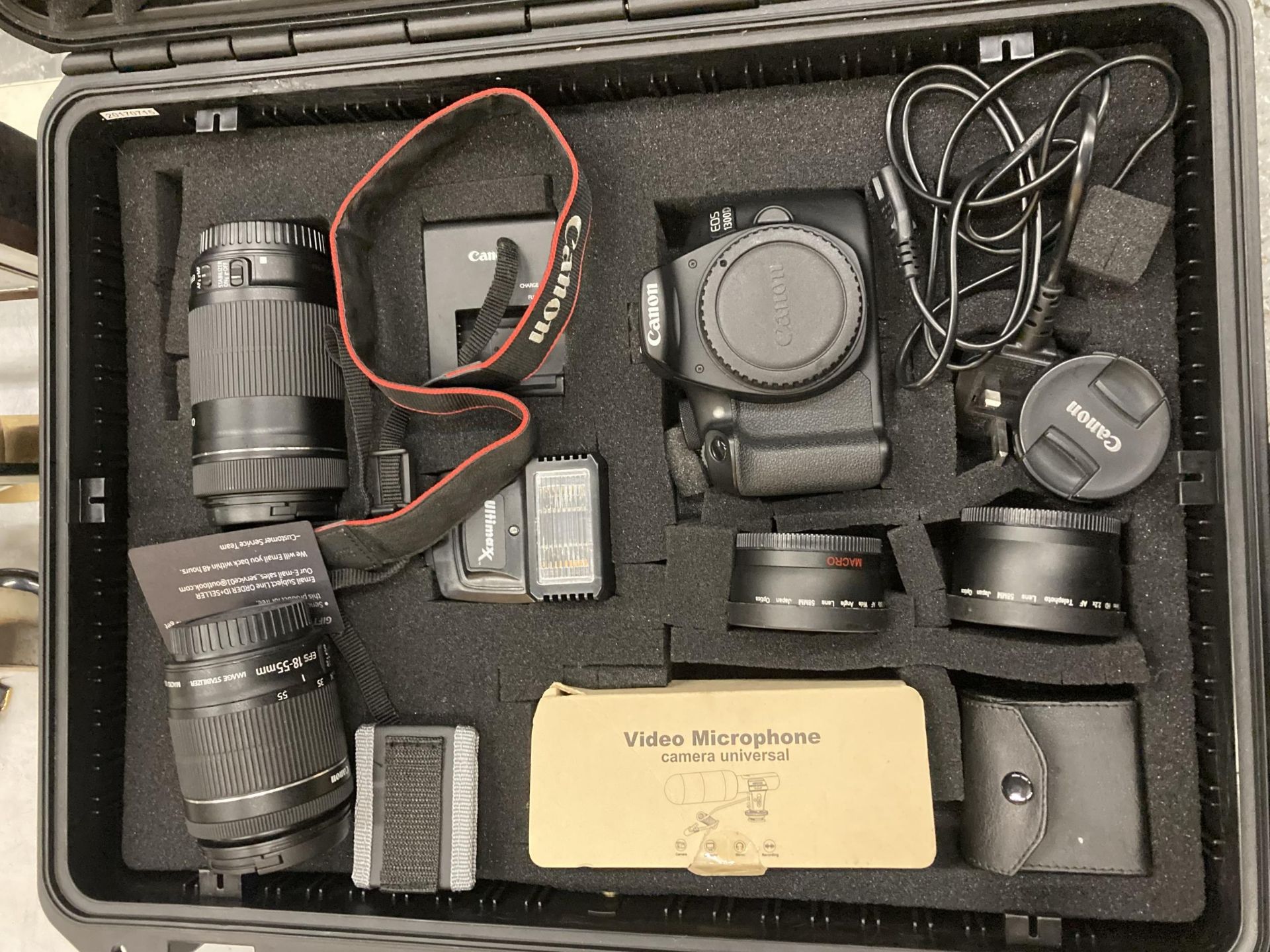 A BOXED CANON EOS 1300D CAMERA WITH LENS', FLASH AND FURTHER ACCESSORIES
