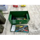 A METAL TOOL CHEST AND AN ASSORTMENT OF TOOLS TO INCLUDE SOCKETS AND SCREW DRIVERS