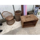 THREE WICKER ITEMS TO INCLUDE A CHILDS CHAIR AND A LOG BASKET ETC