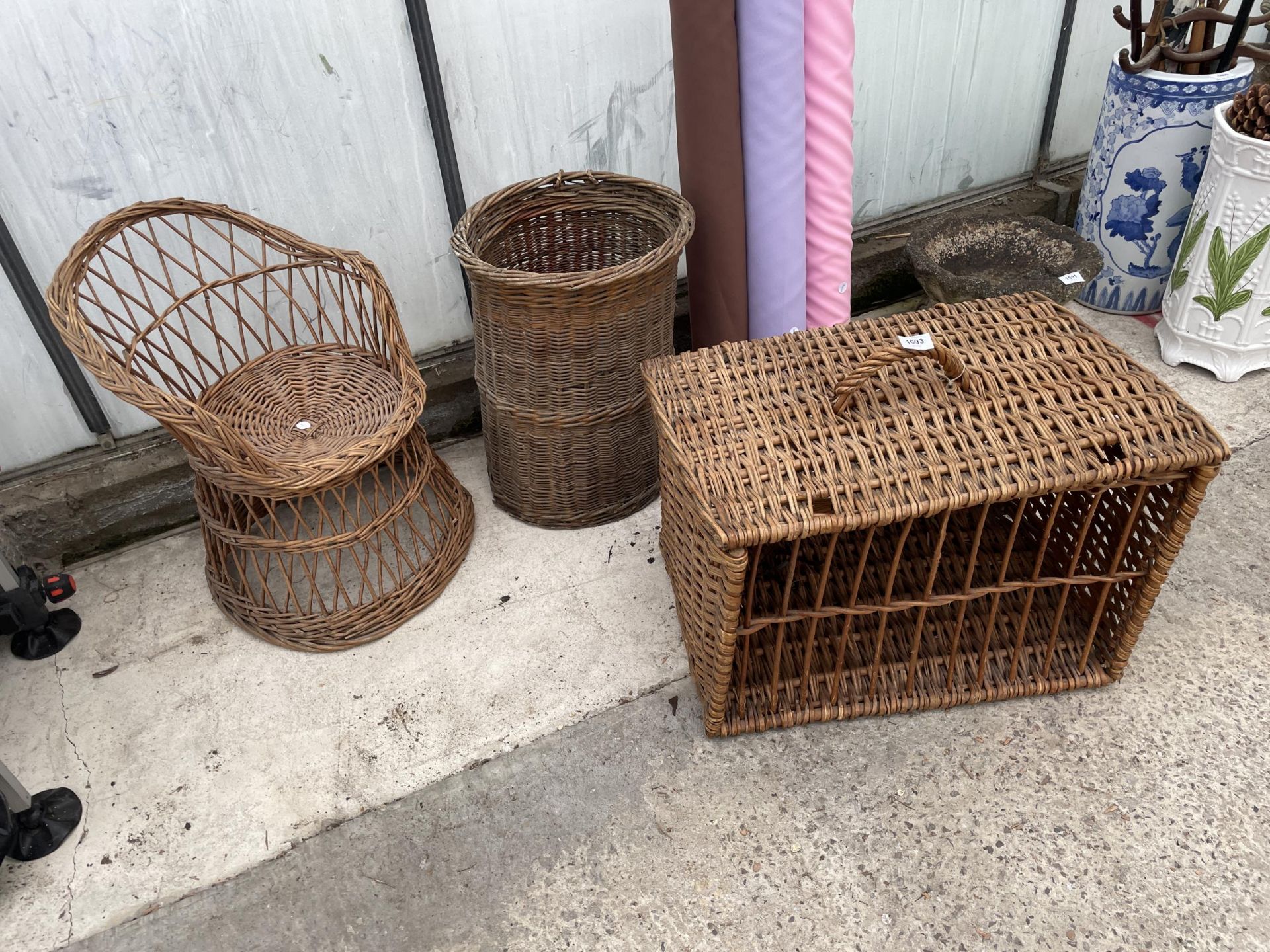 THREE WICKER ITEMS TO INCLUDE A CHILDS CHAIR AND A LOG BASKET ETC