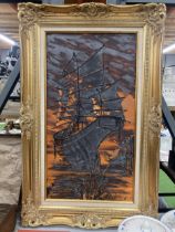 A LARGE GILT FRAMED OIL PAINTING, 'ORIENTAL BOAT', SIGNED HAWKES, 40 X 24"