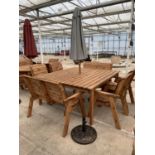 AN AS NEW EX DISPLAY CHARLES TAYLOR EIGHT SEATER TABLE WITH TWO 2 SEATER BENCHES, FOUR CHAIRS,