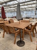 AN AS NEW EX DISPLAY CHARLES TAYLOR EIGHT SEATER TABLE WITH TWO 2 SEATER BENCHES, FOUR CHAIRS,