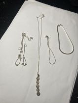 FOUR ITEMS TO INCLUDE THREE SILVER BRACELETS AND A SILVER NECKLACE AND PENDANT