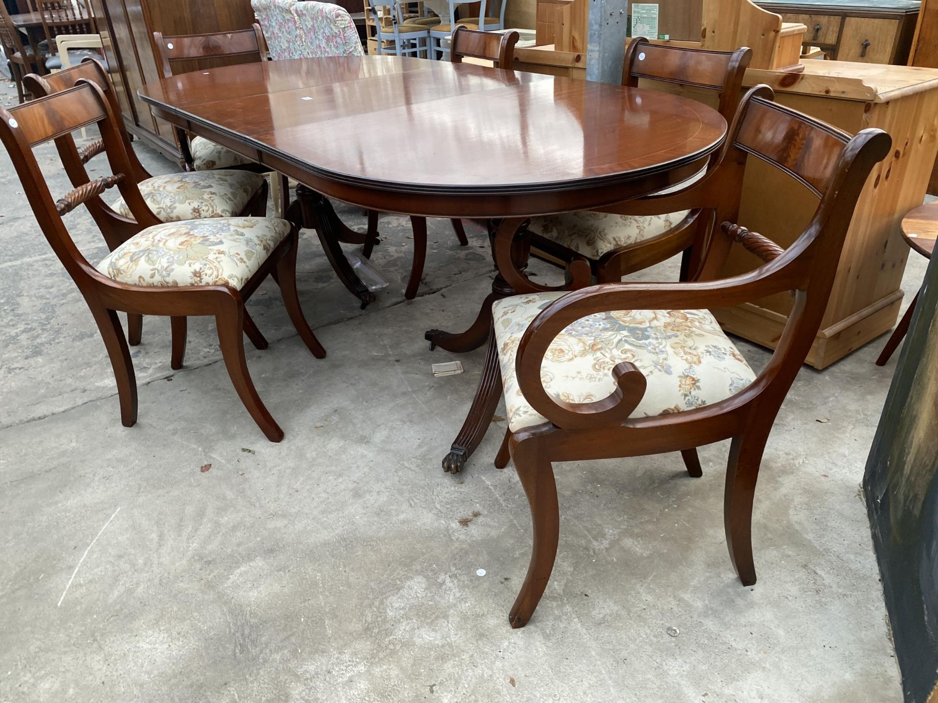 A MAHOGANY REGENCY STYLE TWIN PEDESTAL EXTENDING DINING TABLE, 64 X 39" (LEAF 20") AND SIX ROPE BACK - Image 4 of 7