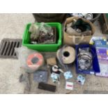AN ASSORTMENT OF HARDWARE TO INCLUDE CABLE AND WHEELS ETC
