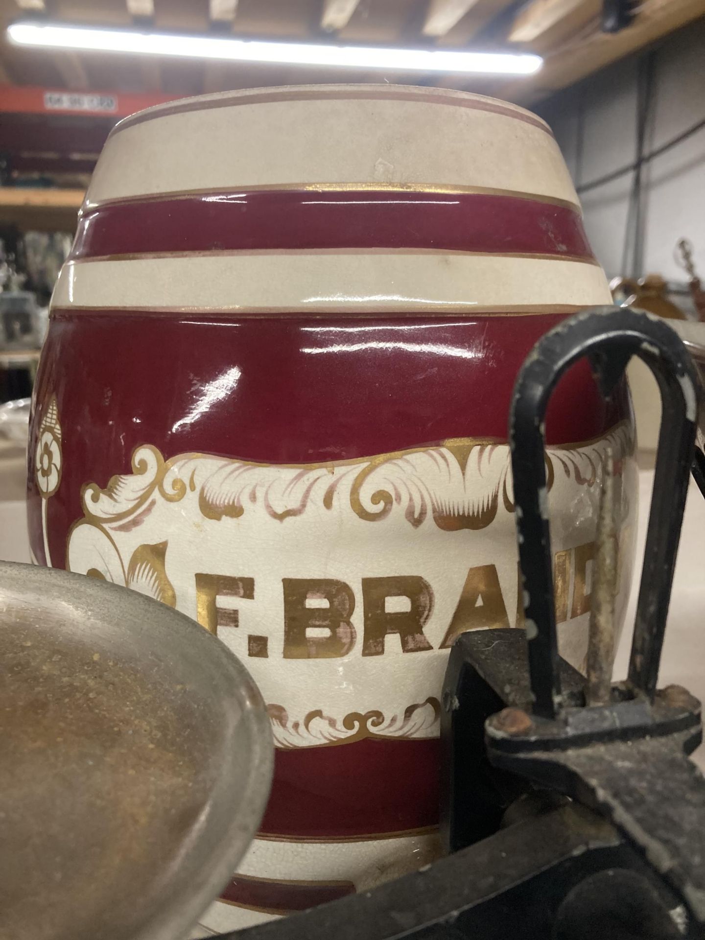 A SET OF VINTAGE AVERY SCALES, A BULL'S HEAD TIN OPENER AND A CERAMIC BRANDY BARREL - Image 5 of 5