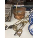 A COPPER COAL SCUTTLE WITH BRASS HANDLE PLUS A BRASS COMPANION SET