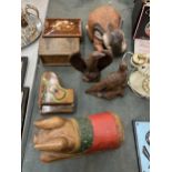 A COLLECTION OF WOODEN WARES,ROCKING PIG FIGURE, INLAID BOX, EAGLE FIGURE