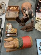 A COLLECTION OF WOODEN WARES,ROCKING PIG FIGURE, INLAID BOX, EAGLE FIGURE