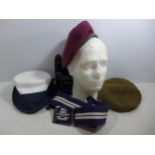 A PARATROOPERS RED BERET SIZE 6 7/8, ARMY BERET SIZE 7 1/8, WRENS HAT SIZE 6 1/4, BELT AND GLOVE
