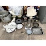 AN ASSORTMENT OF ITEMS TO INCLUDE COOKING POTS, CERAMICS AND LAMPS ETC