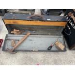 A VINTAGE WOODEN JOINERS CHEST WITH AN ASSORTMENT OF TOOLS TO INCLUDE G CLAMPS AND FILES ETC
