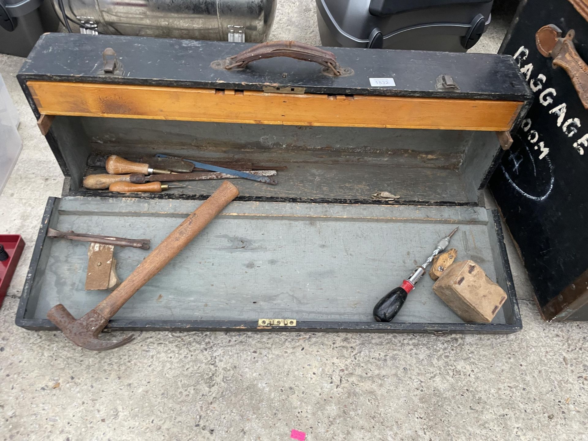 A VINTAGE WOODEN JOINERS CHEST WITH AN ASSORTMENT OF TOOLS TO INCLUDE G CLAMPS AND FILES ETC