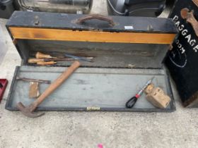 A VINTAGE WOODEN JOINERS CHEST WITH AN ASSORTMENT OF TOOLS TO INCLUDE G CLAMPS AND FILES ETC