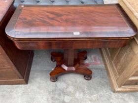 A 19TH CENTURY MAHOGANY AND CROSSBANDED FOLD-OVER GAMES TABLE, 36" WIDE