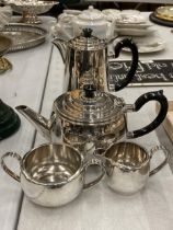 A SILVER PLATED FOUR PIECE TEASET TO INCLUDE A TEAPOT, HOT WATER JUG, CREAM JUG AND SUGAR BOWL