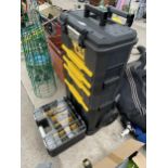 AN AS NEW WHEELED STANLEY TOOL BOX AND A WORKZONE SCREW BOX WITH SCREWS ETC