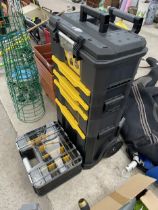 AN AS NEW WHEELED STANLEY TOOL BOX AND A WORKZONE SCREW BOX WITH SCREWS ETC