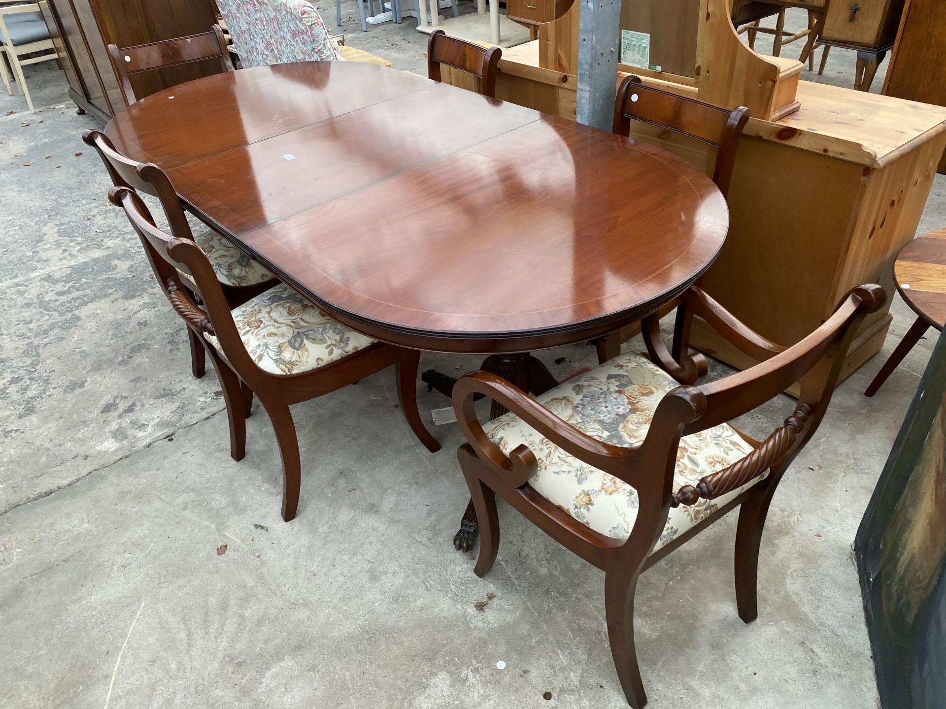 A MAHOGANY REGENCY STYLE TWIN PEDESTAL EXTENDING DINING TABLE, 64 X 39" (LEAF 20") AND SIX ROPE BACK - Image 2 of 7