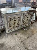 A FULLY MIRRORED SIDEBOARD WITH PAINTED DOORS ON METALWARE LEGS, 50" WIDE
