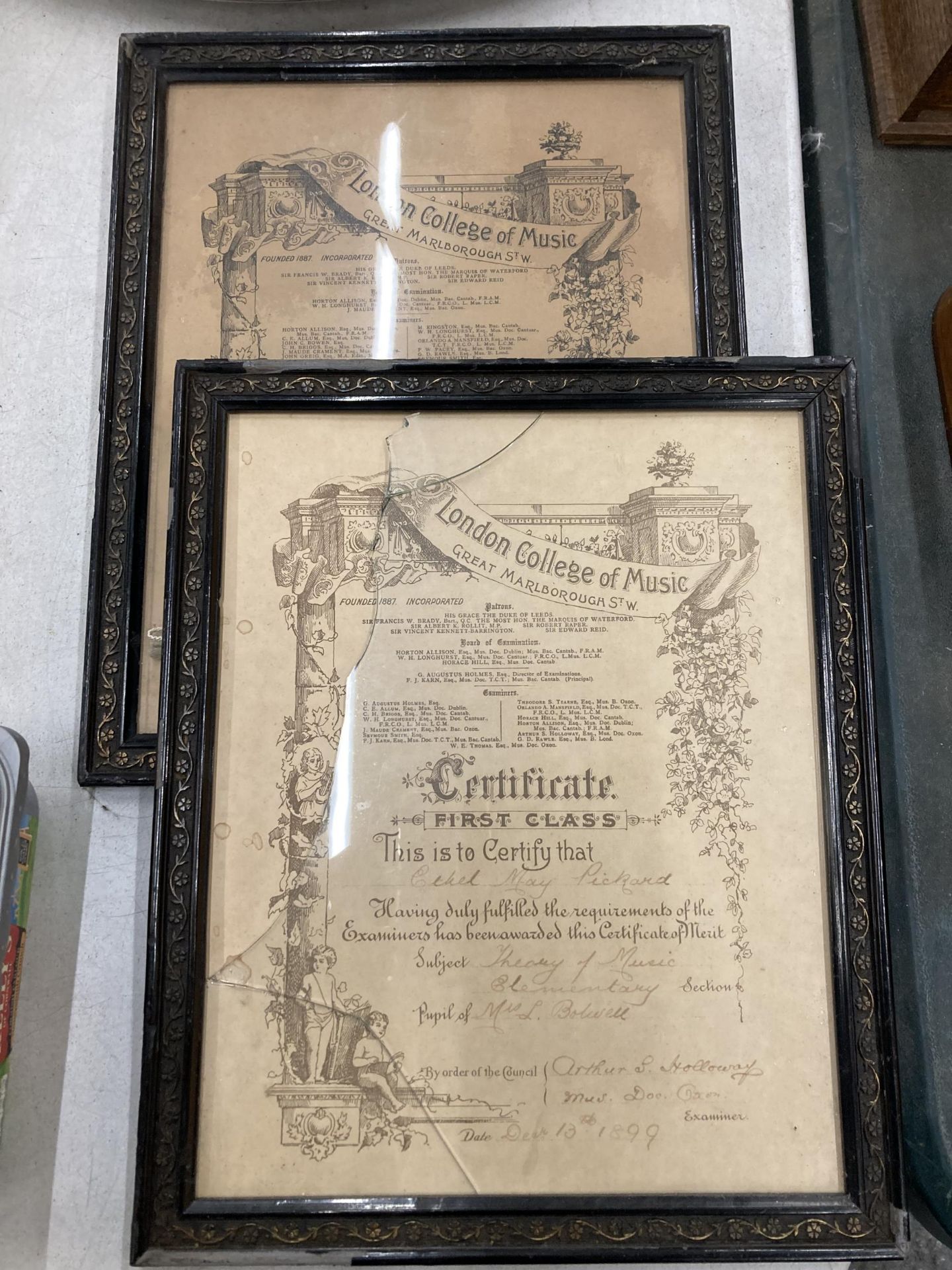 TWO DATED 1899 & 1900 FRAMED LONDON COLLEGE OF MUSIC CERTIFICATES