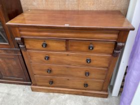 A VICTORIAN MAHOGANY CHEST OF TWO SHORT AND THREE LONG GRADUATED DRAWERS, 50" WIDE, WITH SECRET