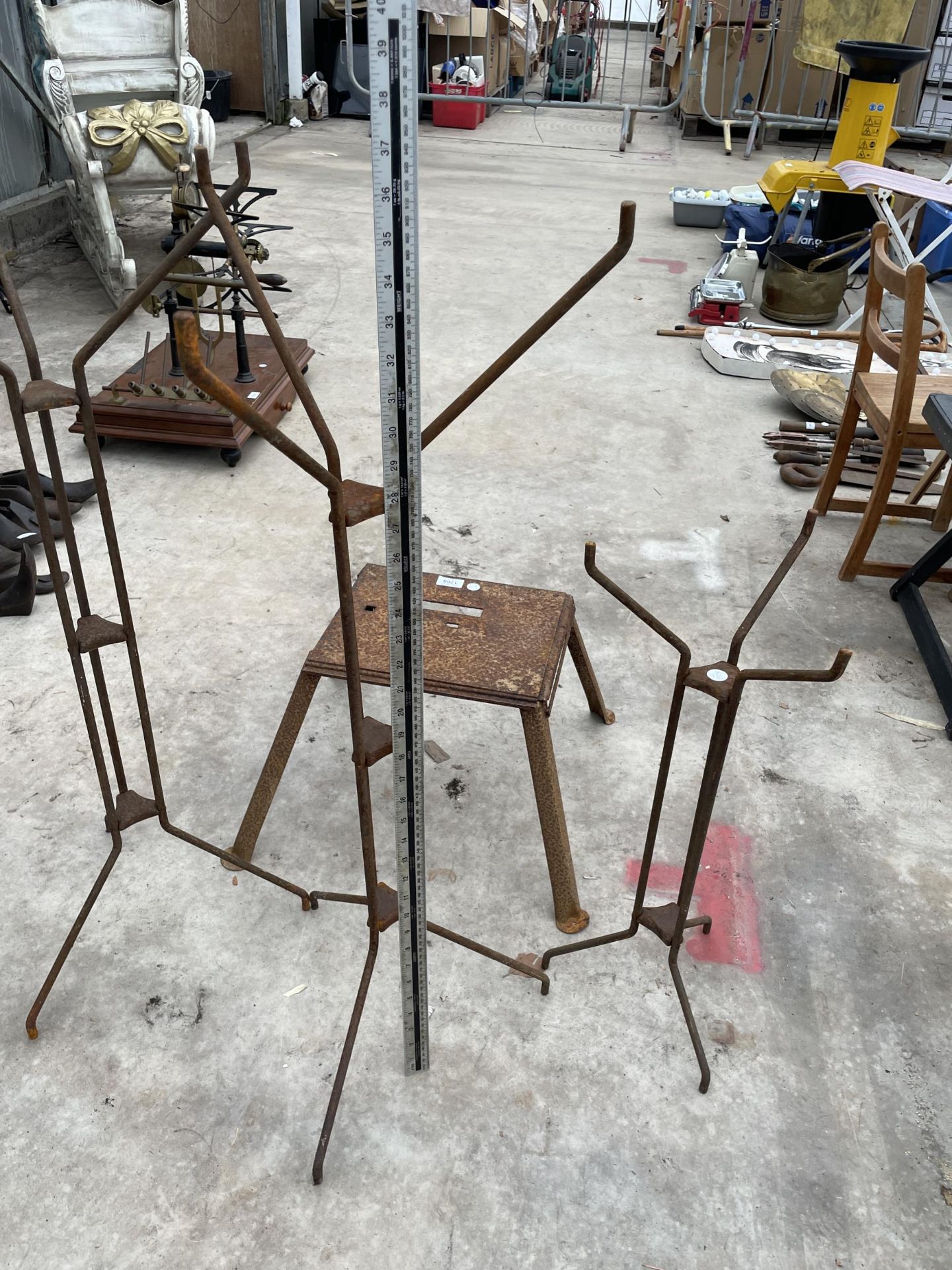 A METAL STOOL AND THREE METAL SHOP DISPLAY STANDS - Image 3 of 3