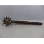 A LARGE AND HEAVY METAL AND WOOD MACE CLUB, THE HEAD WITH SPIKES, LENGTH 52CM