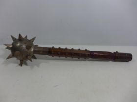 A LARGE AND HEAVY METAL AND WOOD MACE CLUB, THE HEAD WITH SPIKES, LENGTH 52CM