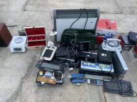 A LARGE ASSORTMENT OF ITEMS TO INCLUDE KEYBOARDS, HEATERS AND RADIOS ETC