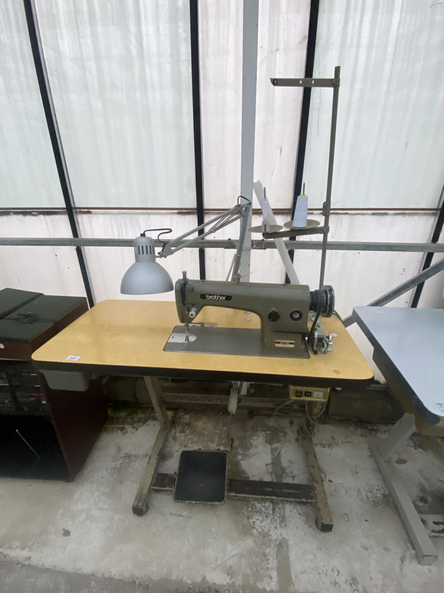 A BROTHER INDUSTRIAL SEWING MACHINE WITH TREADLE BASE AND ANGLE POISE LAMP - Image 4 of 4