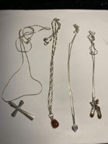 FOUR SILVER NECKLACES WITH PENDANTS