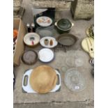 AN ASSORTMENT OF COOKING POTS , GLASS WARE AND CHOPPING BOARDS ETC