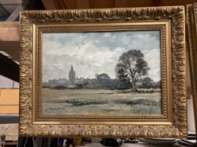 AN ANGUS M STIRLING OIL PAINTING OF A FIELD IN ORNATE GILT FRAMED, SIGNED LOWER LEFT