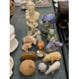 A COLLECTION OF FIGURES TO INCLUDE A BUST OF CHOPIN, WILLOW TREE 'ANGEL OF HEALING', FROGS, PIGS,